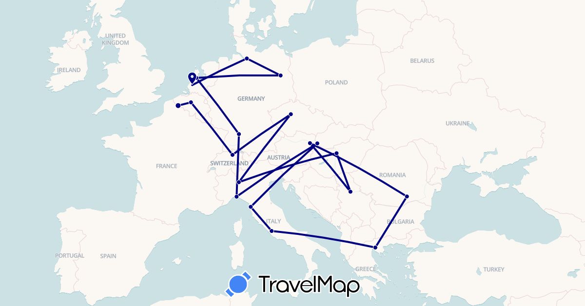 TravelMap itinerary: driving in Austria, Belgium, Switzerland, Czech Republic, Germany, France, Greece, Hungary, Italy, Netherlands, Romania, Serbia, Slovakia (Europe)